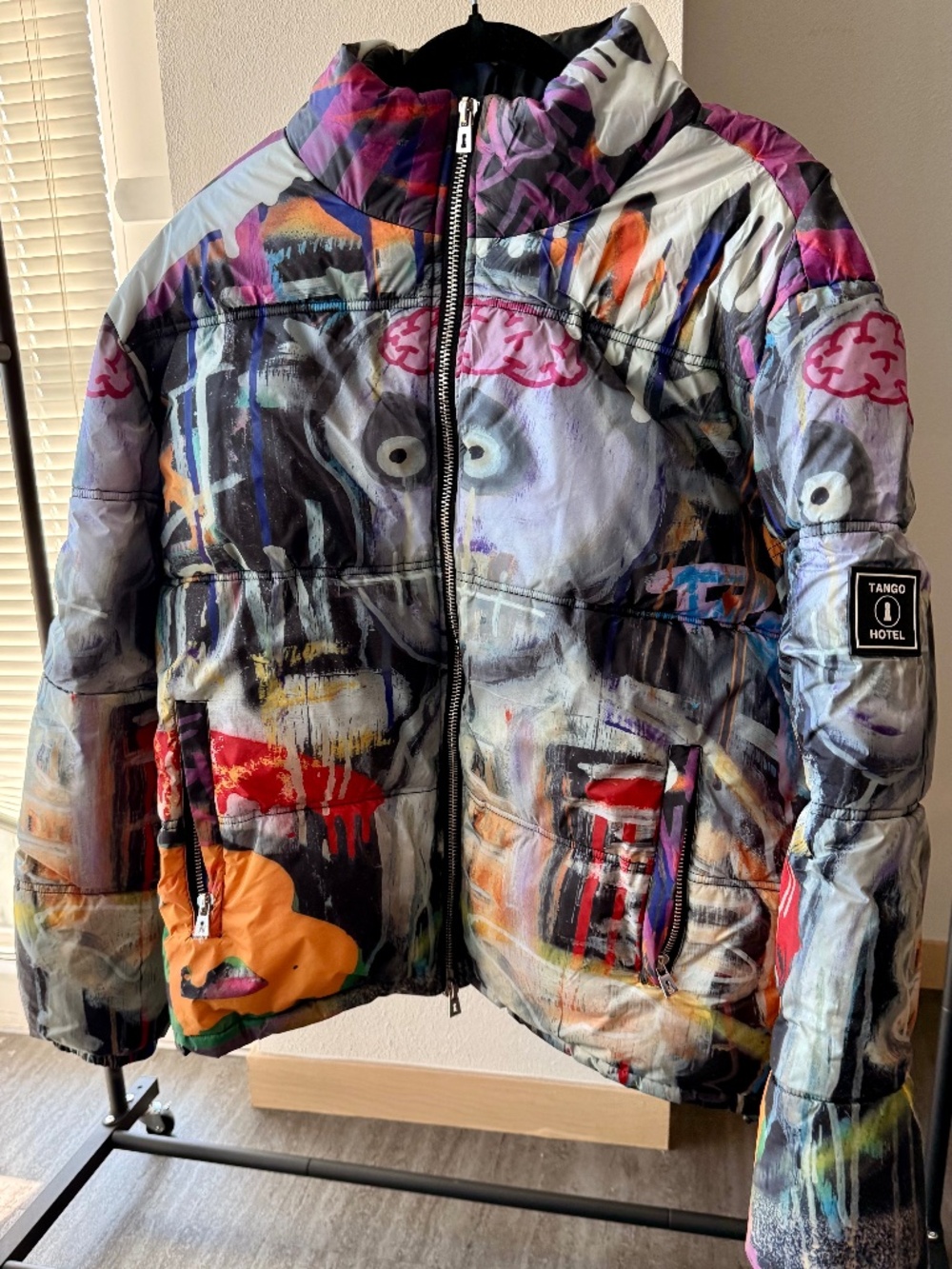 Tango Hotel Men's Graphic Multicolored Skull Puffer Jacket Coat (XL)